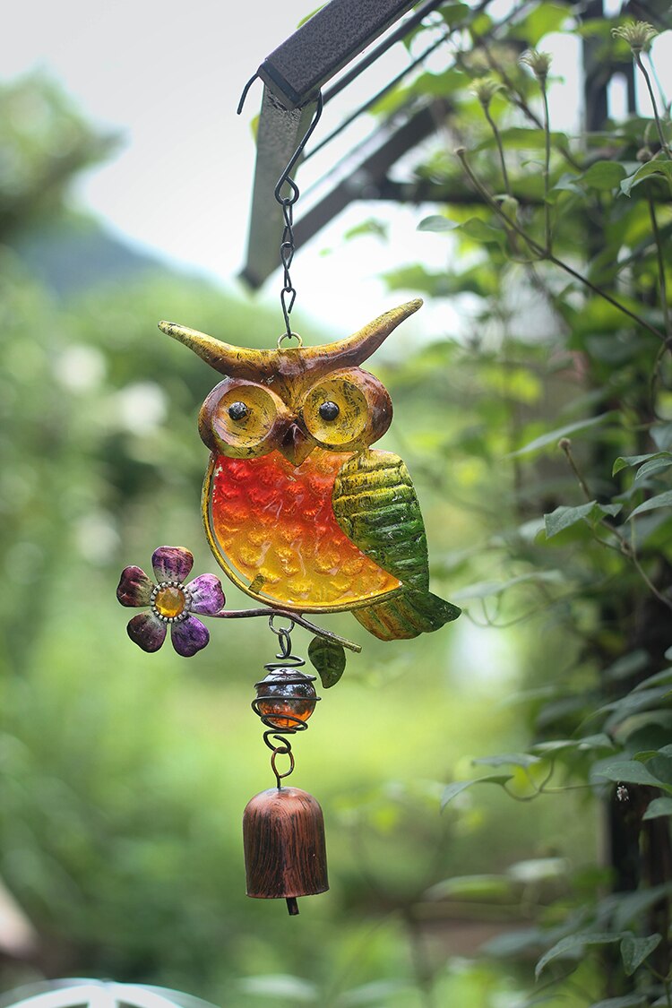 Ornamentos para decoração de jardim, decoração de ferro forjado em vidro colorido de coruja laranja e vento, pingente idílico, pastoral, ambiente externo