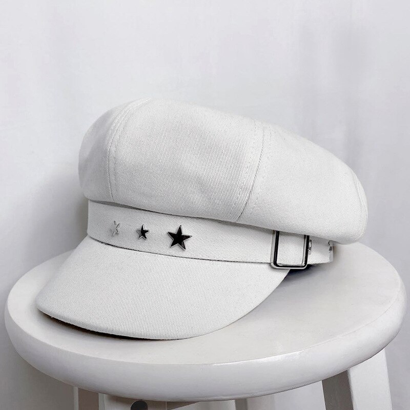 Gorro de otoño invierno boina para mujer Newsboy sombrero con remaches estrella de algodón octogonal sombrero femenino negro blanco coreano Gorras: white