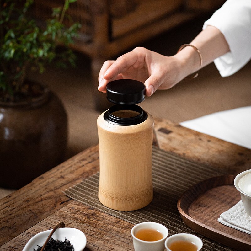 Bamboo Sealed Tea Caddy Handmade Wood Chinese Style Bamboo Container Portable Bamboo Tea Canister for Household Use