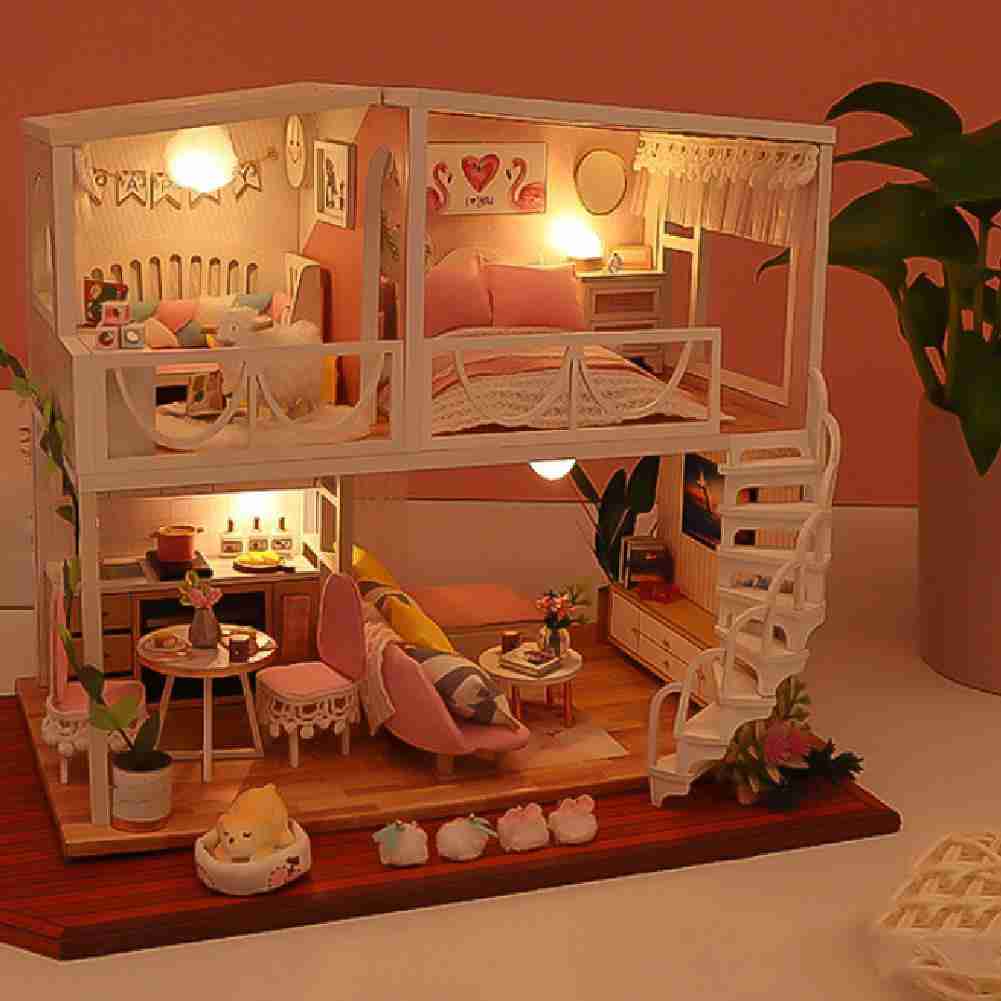 Accogliente Loft in stile europeo caldo soffitta fai da te fatto a mano casa modello giocattolo kit casa delle bambole in legno assemblato mobili in miniatura