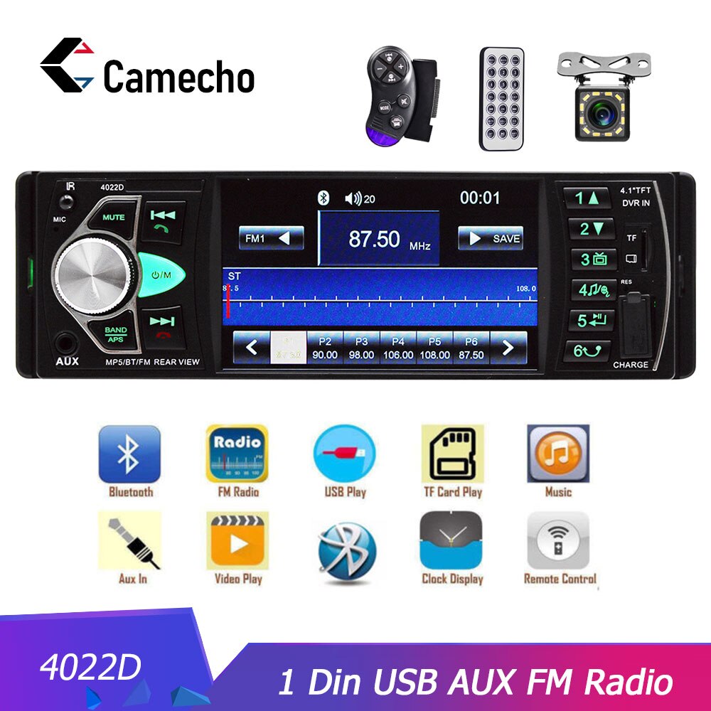 Camecho Autoradio 1 din 4022d FM radio auto Auto Audio Stereo Bluetooth Autoradio Ondersteuning Achteruitrijcamera Stuurwiel controle