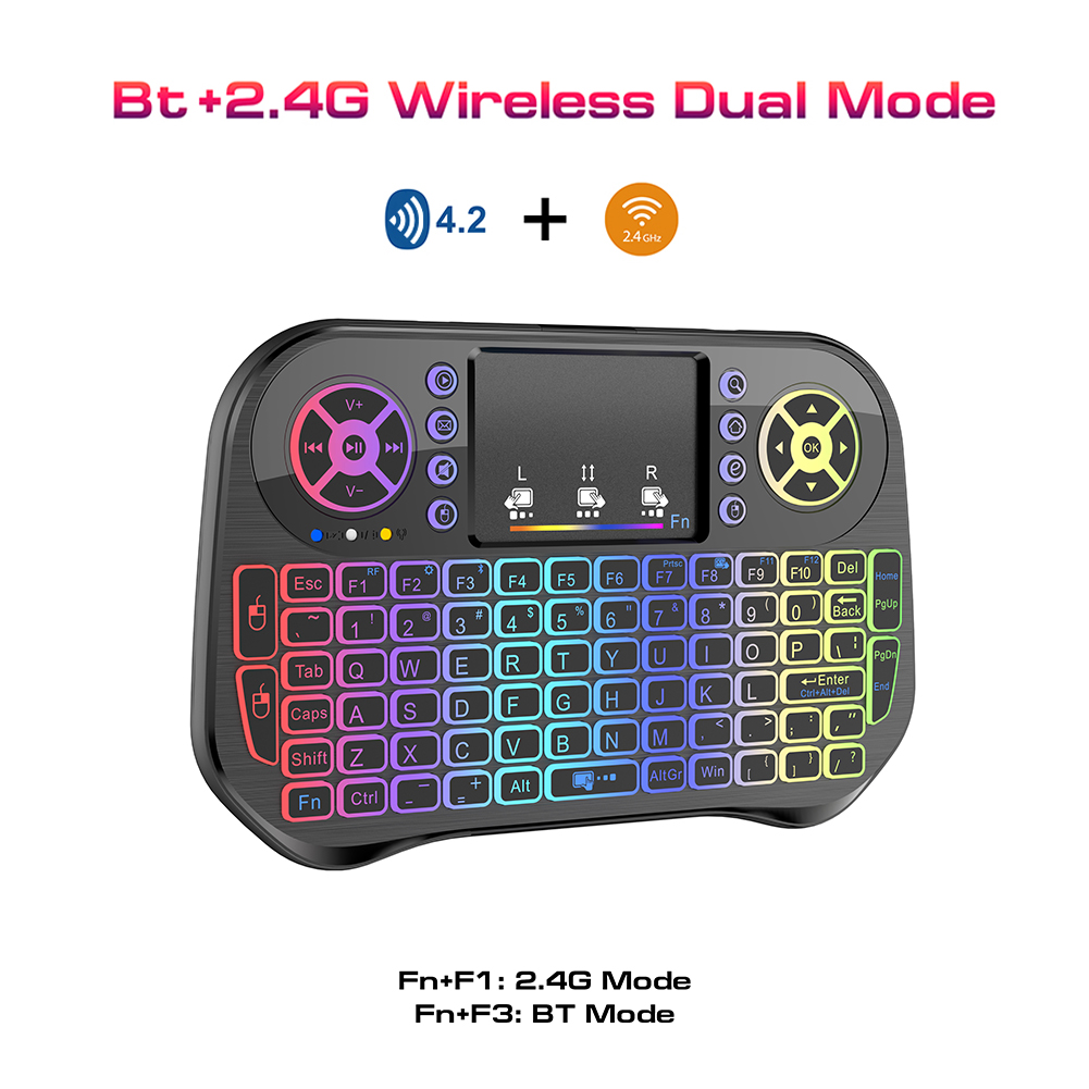 I10 flygande mus med pekplatta, 7 färger, bakgrundsbelyst, 2.4g mini trådlösa tangentbord, uppladdningsbart, bluetooth-kompatibelt för android/windows/mac os