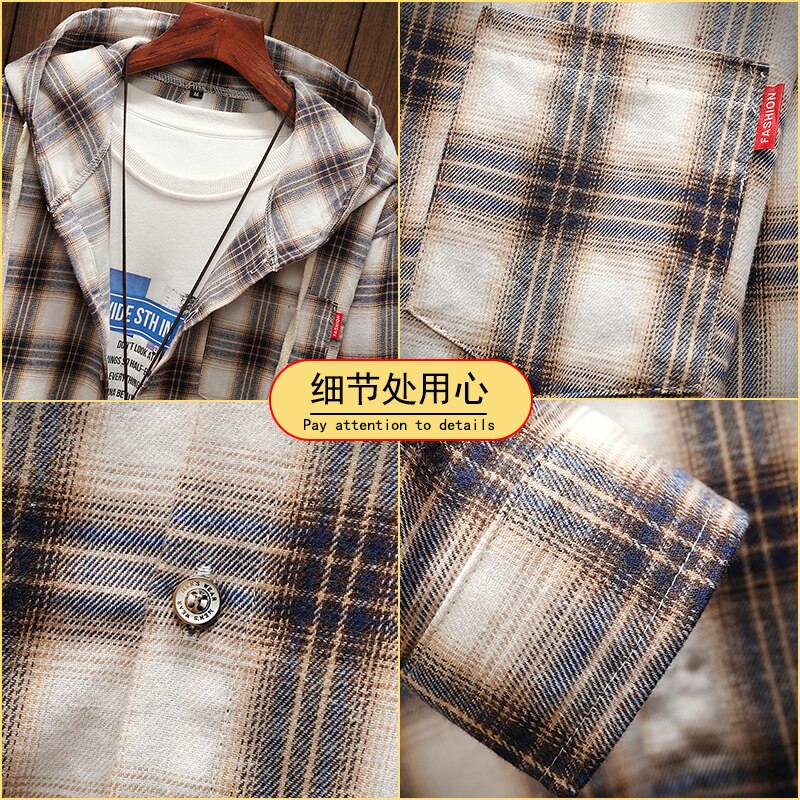 lässig Mit Kapuze Plaid Hemden für männer Lange Ärmeln Neue Frühling Herbst Plus Asiatische Größe M-5XL 100% Baumwolle