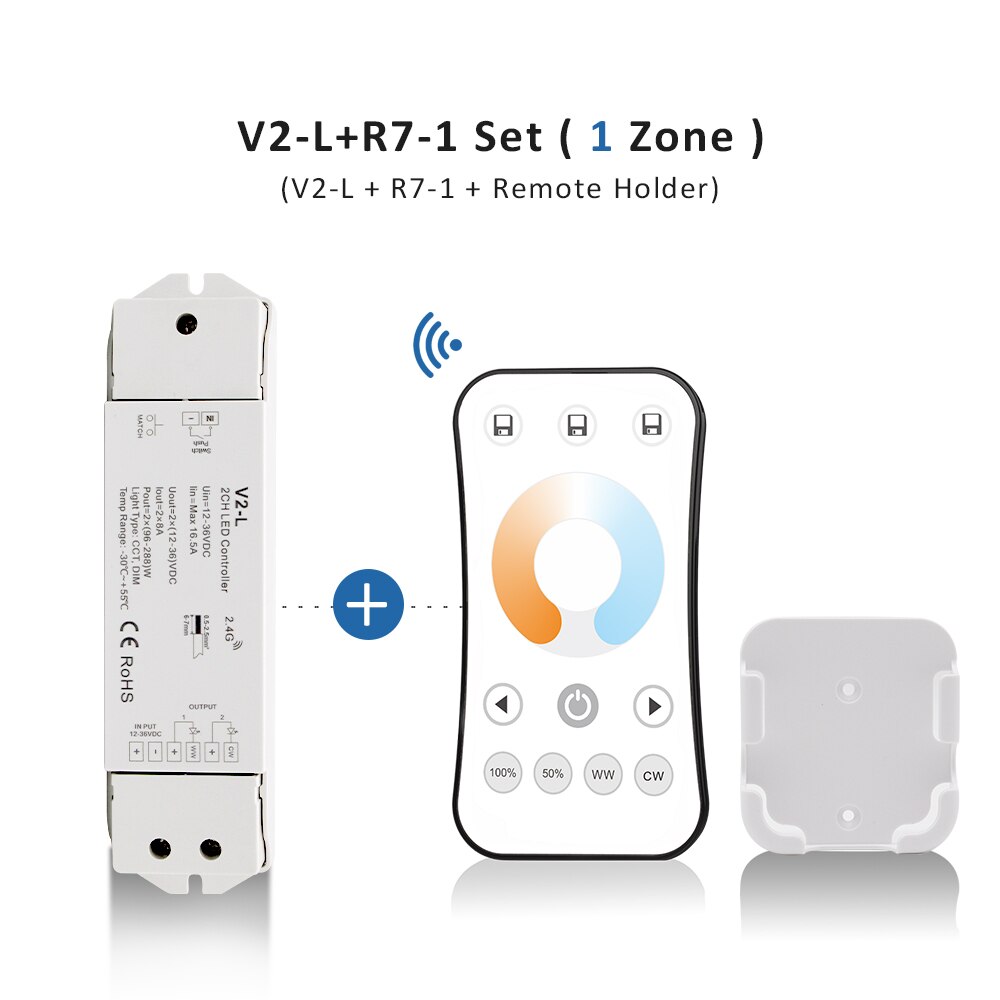 WW CW LED Controller 12V 24V 36V 2CH 16A 2.4G Wireless Remote Control RF LED Dimmer Switch for CCT Daul White LED Strip Light: V2-L and R7-1 Set