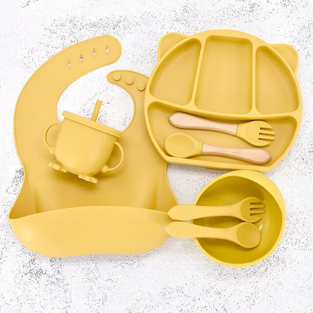 8PC Baby Silicone Sucker Plate Bowl Cup Spoon Fork Placemat Sets Food Grade Children&#39;s Compartment Training Dishes With Sucker: Panda Yellow