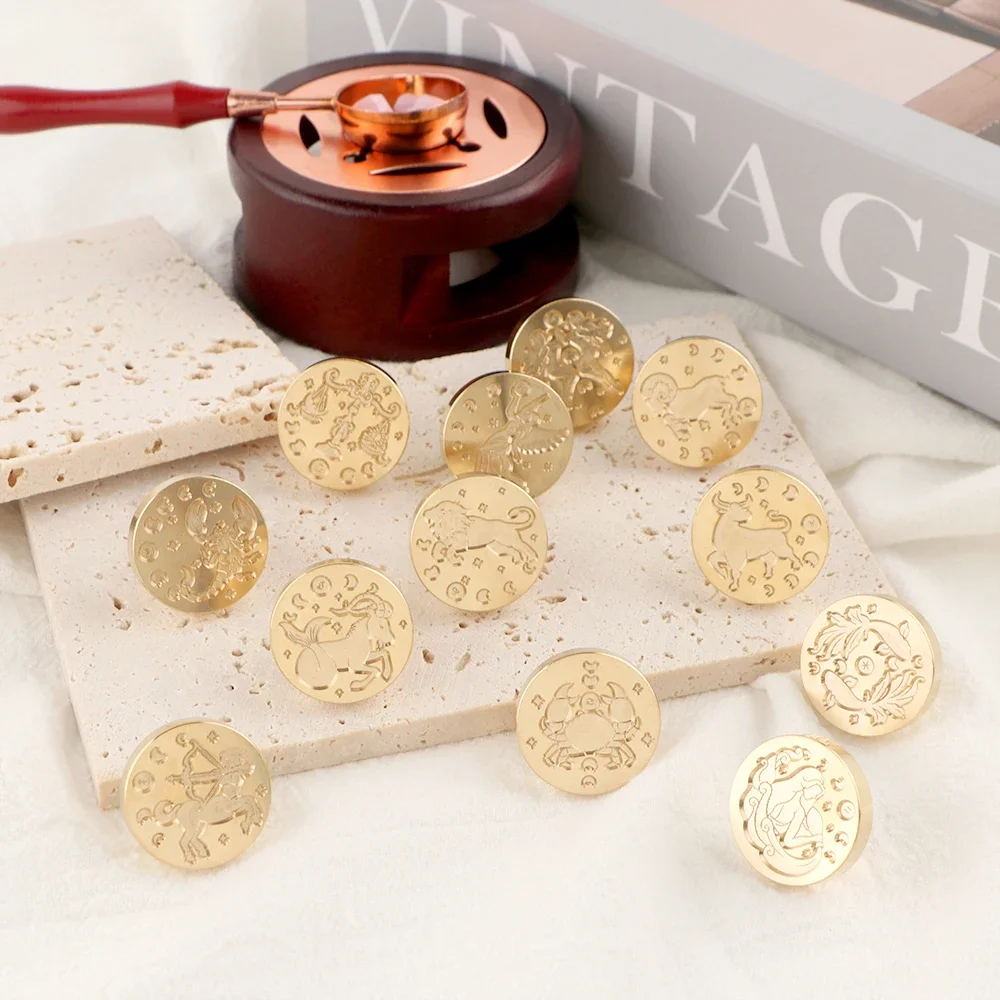 12 stjärntecken vaxstämplar runda avtagbara förseglade mässingsvaxstämpelhuvuden för att dekorera kuvert födelsedagskort anteckningsbok