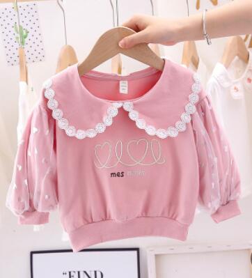 Baby Meisjes Zoete Kant Trui Herfst Mode Baby Meisje Revers Leuk Overhemd Kinderkleding Kinderen Lange Mouw katoen: Roze / 24M(100cm)