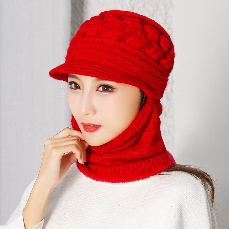 Wintermütze mit schal, gestrickt, für damen, ältere damen, warme sturmhaube, dicke oma-mütze mit krempe, muttermütze