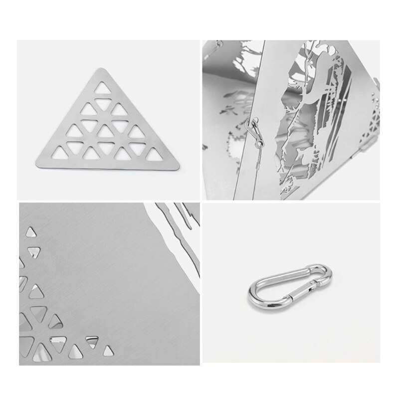 1 Set Triangle Hanging Furnace Bonfire Campfire Pit Camping Wood Stove Stand Frame Fire Rack Stainless Steel Mesh Fire Pit 24BD