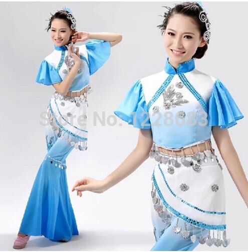 Oude Plus Size Blauw Roze Groen Yangko Jurk Traditionele Chinese Dans Kostuums Roupa Oosterse Dans Kostuums