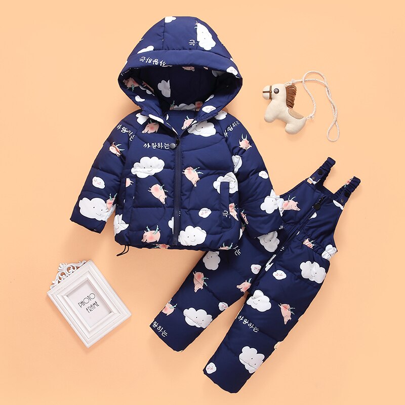 Veste en duvet de canard blanc | Vêtements d'hiver pour bébés et filles, manteau à capuche pour garçons, combinaison de pantalon, tenue chaude pour enfants,: pig blue / 18M
