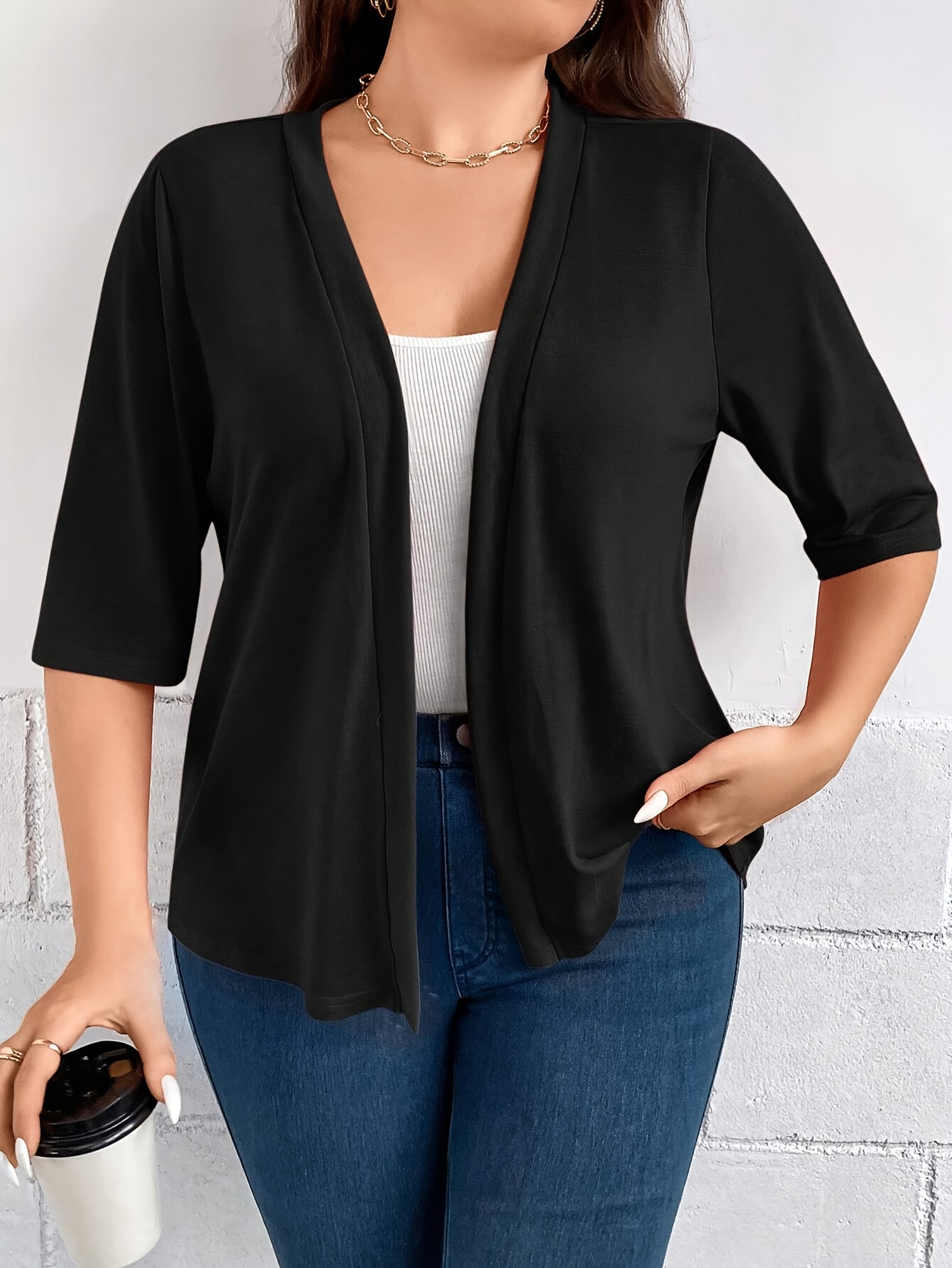 Blazer Drapé à Manches Trois-Quarts pour Documents, Veste Simple et Polyvalente, Couleur Unie, Grande Taille: 3XL / Black