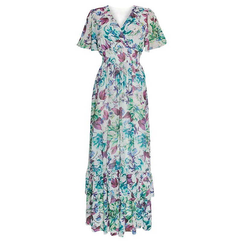 MD – Robe longue en mousseline de soie pour femme, tenue avec imprimé africain, style bohème, motifs floraux, Ankara, Dashiki, Abaya, vêtement d&#39;été: green / L