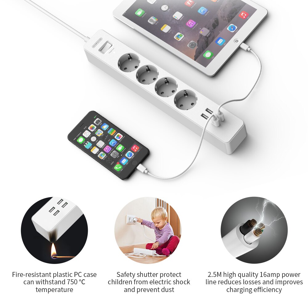 NTONPOWER Smart Power Strip - 4000W Surge Protector, 4 AC Outlets, 4 USB Ports, 2.5m Cord, EU Plug
