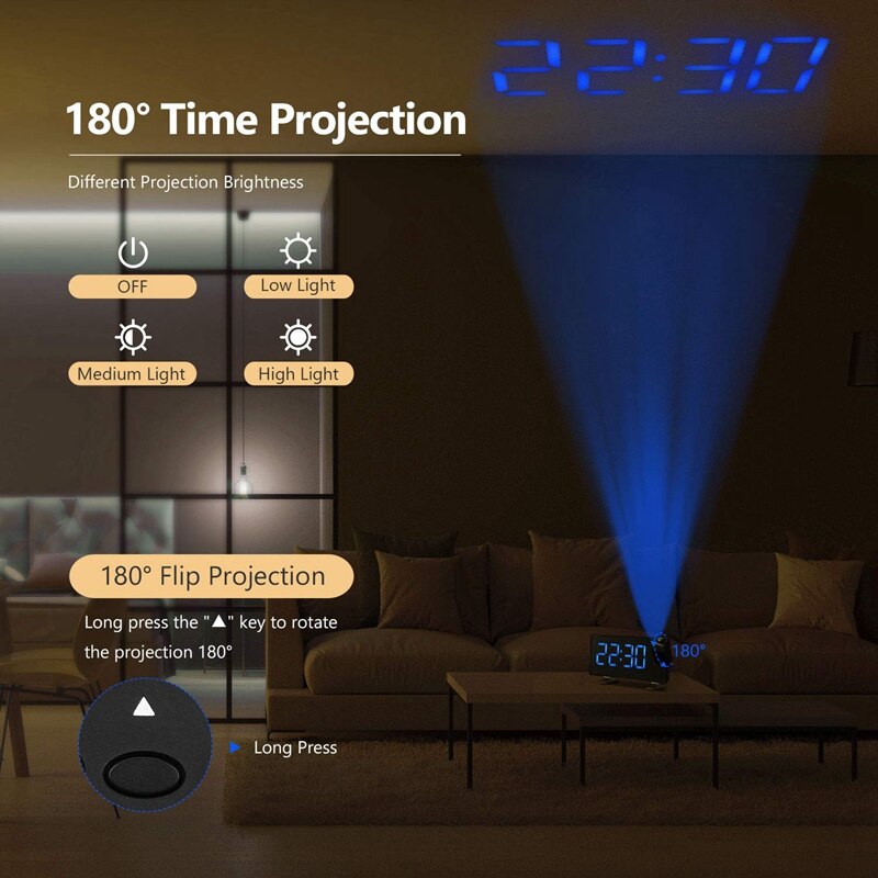 Projection Alarm Clock, 7 inch LED Curved-Screen Large Digital Display, Adjust Brightness Automatically, 12/24 Hour,Dual Alarm