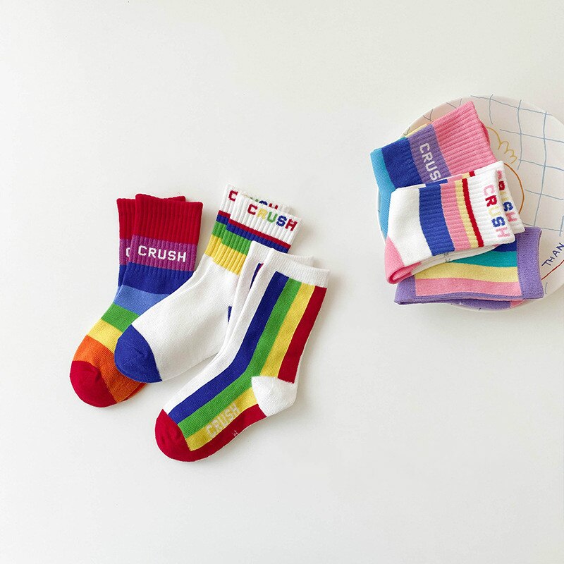 3 Paren/partij Kinderen Sokken Lente Koreaanse Mode Regenboog Strip Baby Sokken Kids Jongens Meisjes Katoen Sport Sokken
