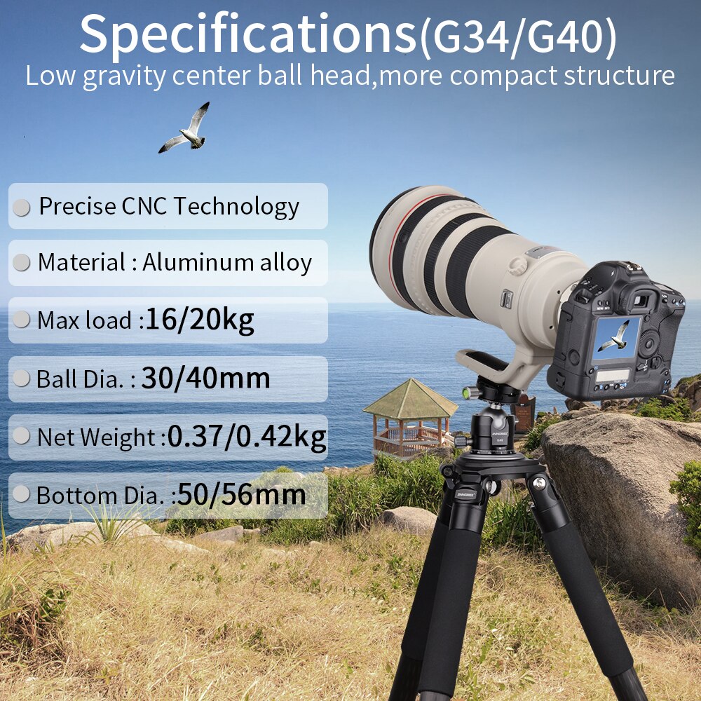 G40/G34 Low Center of Gravity Tripod Ballhead Double Panoramic U Notch Head Add L Quick Release Plate for Monopod DSLR Camera