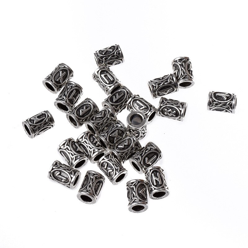 24pcs/Set Vintage Rune Viking Beard Beads TIWAZ TYR Sol Runes Tube Spacer Beads Charms for Hair/Necklace/Bracelet DIY Jewelry: Silver