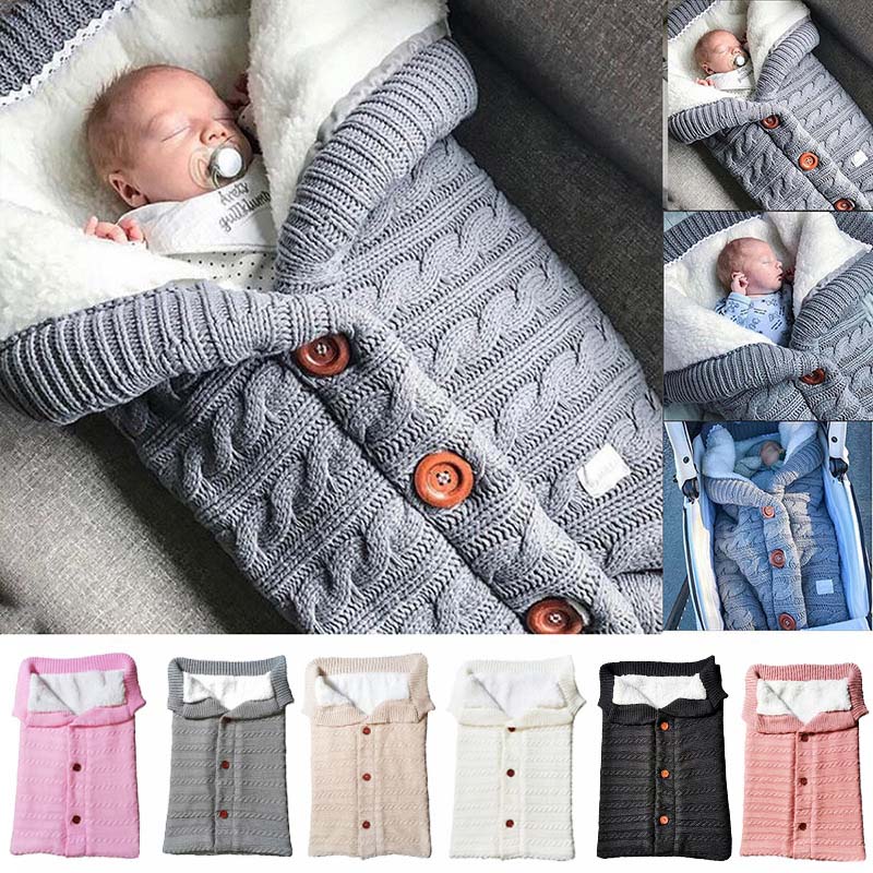 Baby Baby Gebreide Warme Inbakeren Slaapzak Knop Deken Fleece Dikte Herfst/Winter Kinderwagen Warm Wrap Deken 68*40Cm