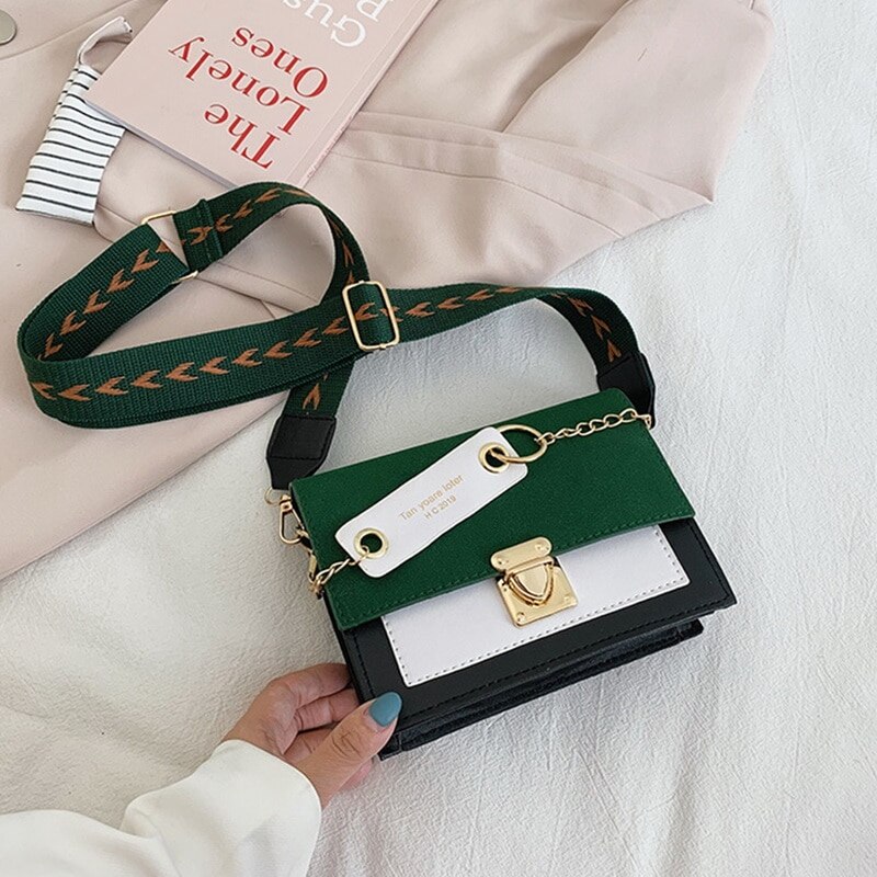 Contrast Color Leather Crossbody Bags For Women Travel Handbag Simple Shoulder Simple Bag Ladies Cross Body Bag: green and black