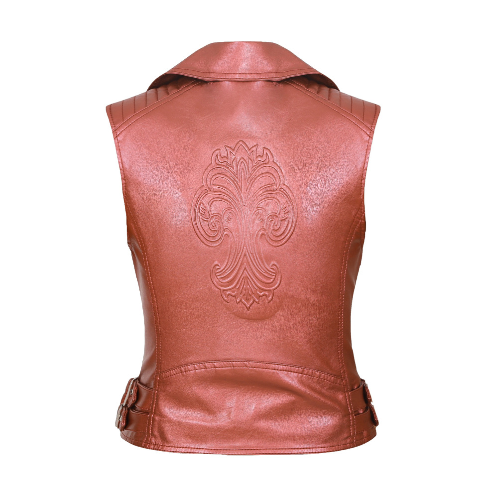 Kvinner motorsykkel pu imitert skinn ermeløse jakker dame turn-down krage belte glidelås vestlommer vest streetwear