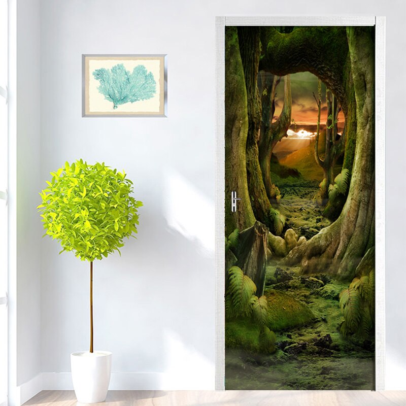 Nature Landscape Forest Door Wall Sticker Living Room Kitchen PVC Self-Adhesive Waterproof Sticker On The Doors Wallpaper Mural