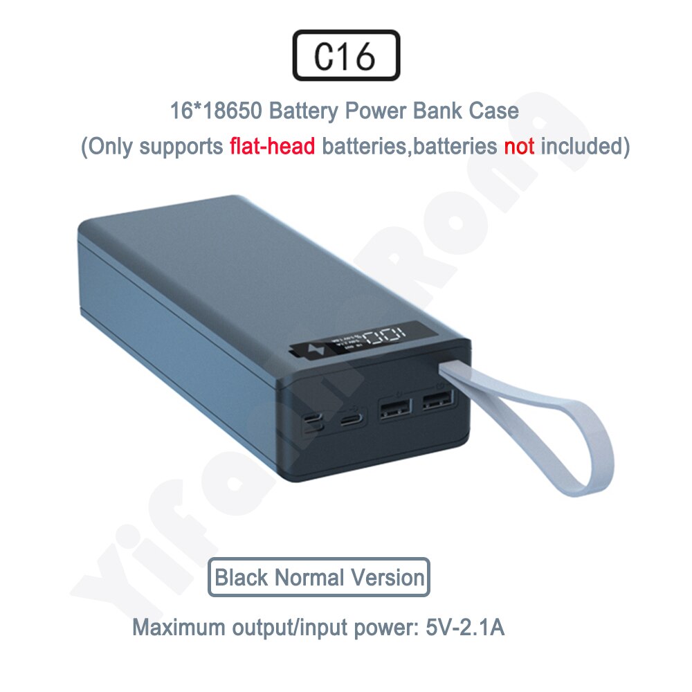 16*18650 Battery Charger Box Shell Diy Power Bank Case Dual Usb Quick Draadloos Opladen Voor Powerbank Case Zonder batterij: Normal Black