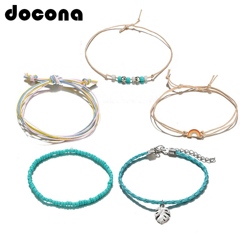 Docona Bohemen Leaf Regenboog Kralen Armband Set Voor Vrouwen Handgemaakte Verstelbare Touw Ketting Armband Boho Sieraden 5 Stks/set 6931