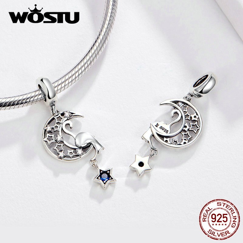 Wostu lua & estrelas flutuante balançar charme 925 prata esterlina zircão contas caber pulseira original pingente jóias fazendo cqc1205