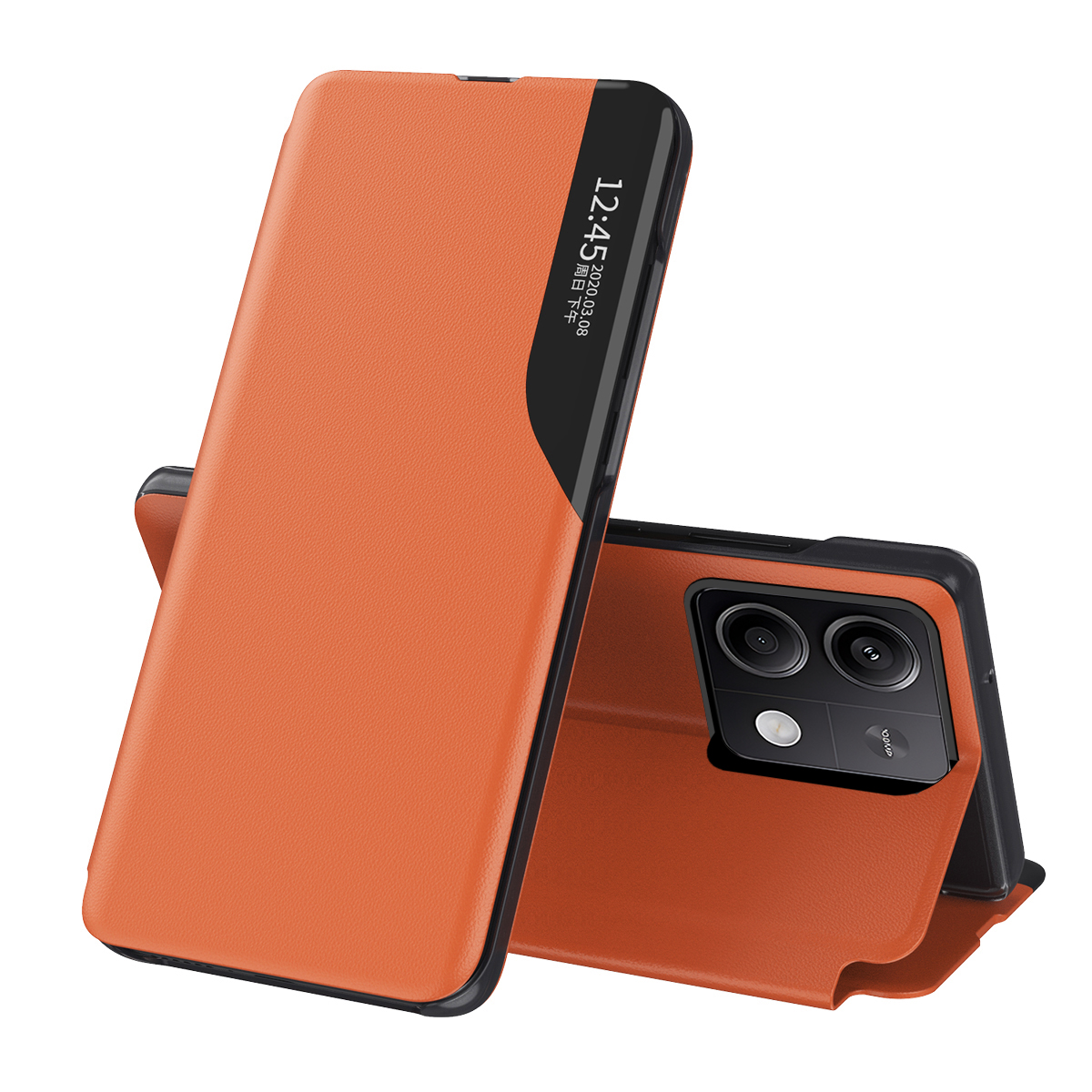 Funda de teléfono con tapa magnética con ventana para Xiaomi Redmi Note 14 13 Pro Plus 5G 4G, soporte de cuero para libro, Funda anticaída: ABS / Naranja