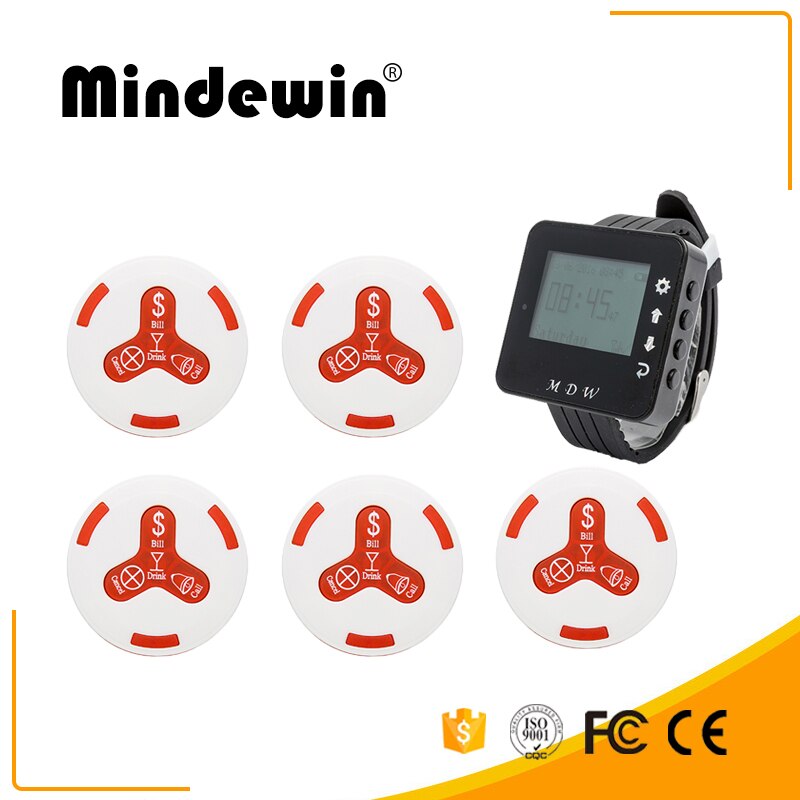 Mindewin 1pc Watch Wrist Receiver + 5pcs Call Button Pager Wireless Restaurant Pager Calling System Restaurant Call Equipment