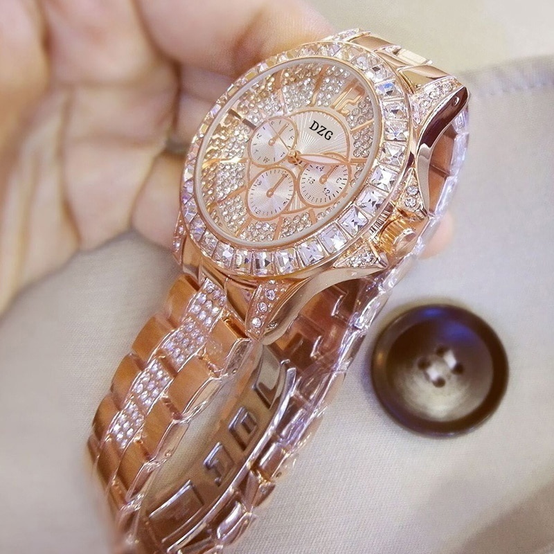 Women Watch with Diamond Watch Ladies Top Luxury Brand Ladies Casual Women&#39;s Bracelet Crystal Watches: Rose gold