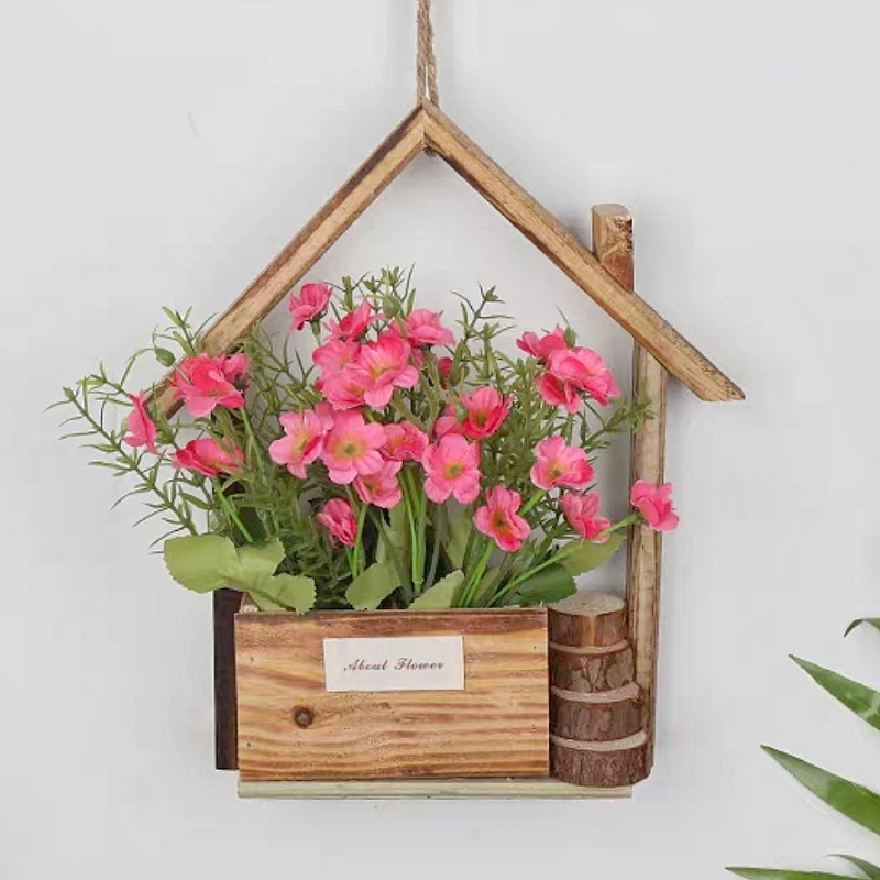 Creatieve Houten Huisvormige Muur Opknoping Decor Bloemenmanden Bloemen Plant Pot Container Woonkamer Home Decoraties Ambachten: Donker Kaki