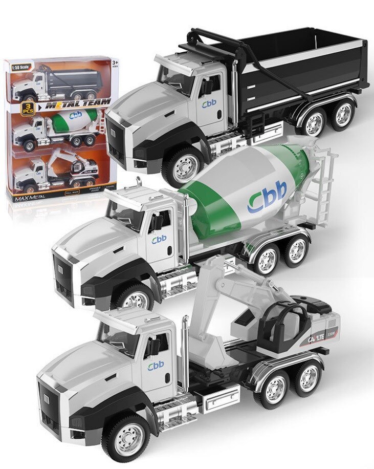 3 Stks/set Kinderen Bouw Voertuig Speelgoed Set Lichtmetalen Pull Back Bouw Voertuig Vuilniswagen Mixer Truck Vrachtwagen