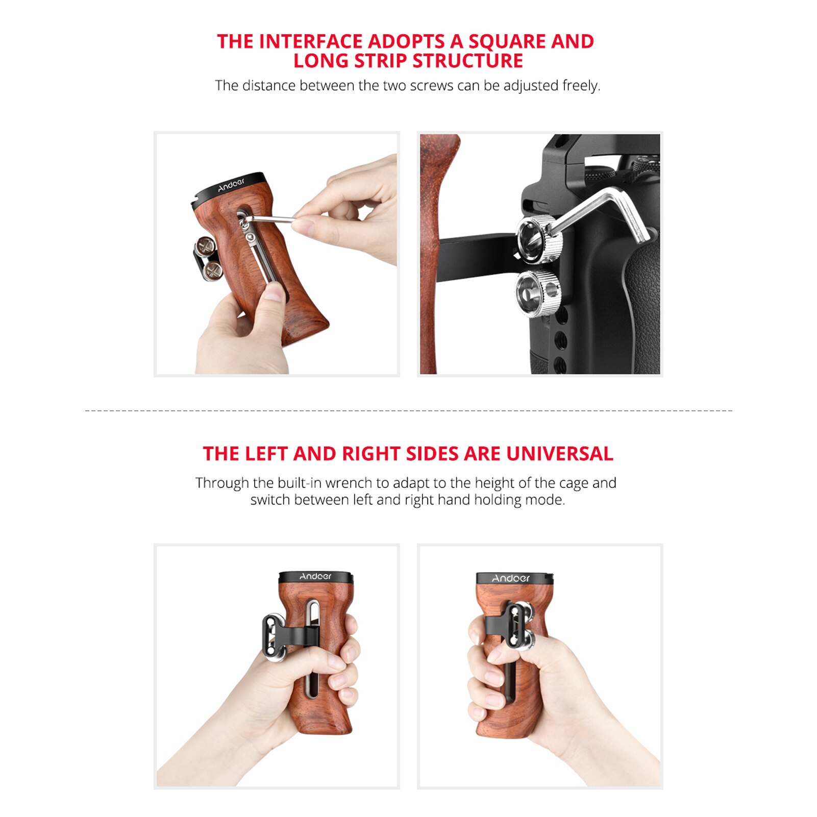 Andoer Universele Camera Kooi Houten Handvat Links/Rechts Hand Grip Met Koud Shoe Mount 1/4 Inch &amp; 3/8 inch Schroefgaten