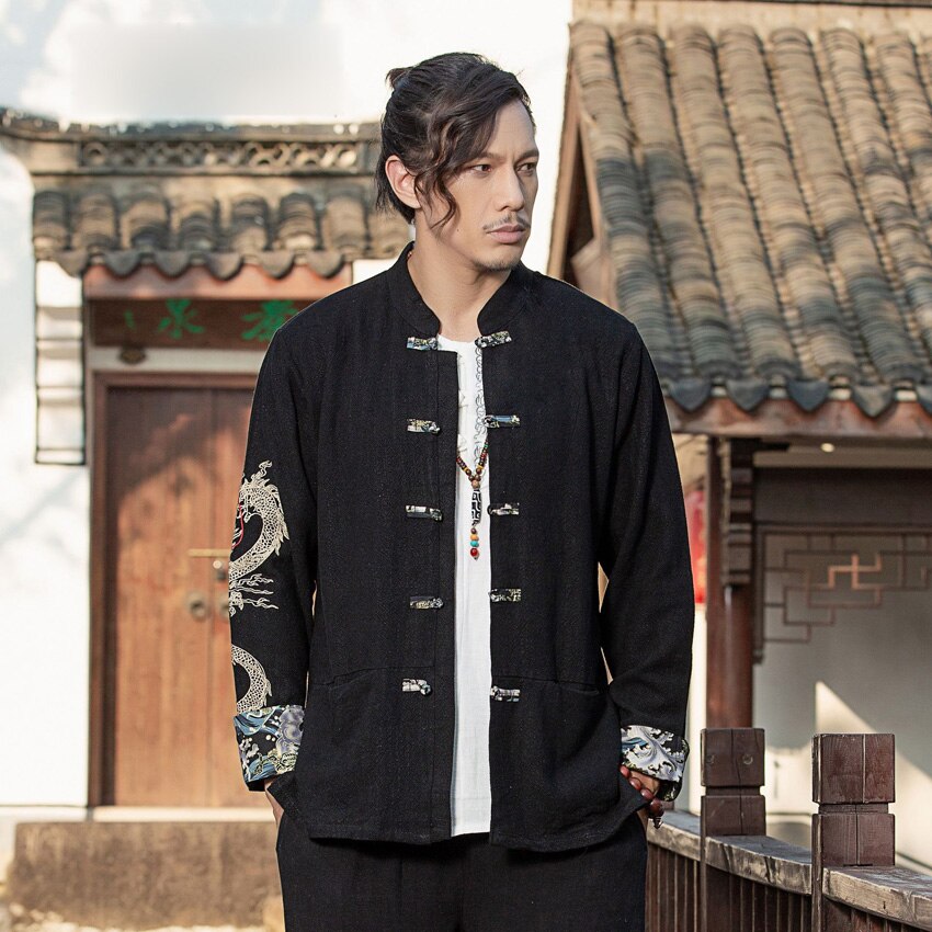 Ropa tradicional china para hombres, camisa bordada de dragón de Kung Fu Hanfu, botón de manga larga, Estilo negro, de talla grande, ocio