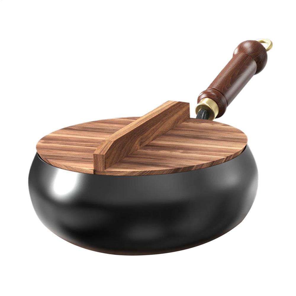 Chinese Flat Bottom frying pan Big Belly Non-stick Pan Without Coating Deep Iron Pot with Wooden pot lid 24cm Diameter Stir-Fry: Default Title