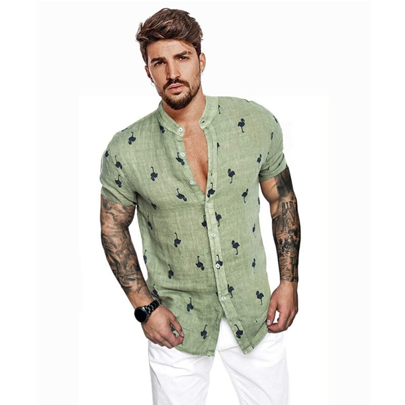 Sommer skjorter med korte ærmer til mænd med tryk overdele herre slim fit knap foran skjorter fugle mønstertryk bluse afslappet skjorter toppe