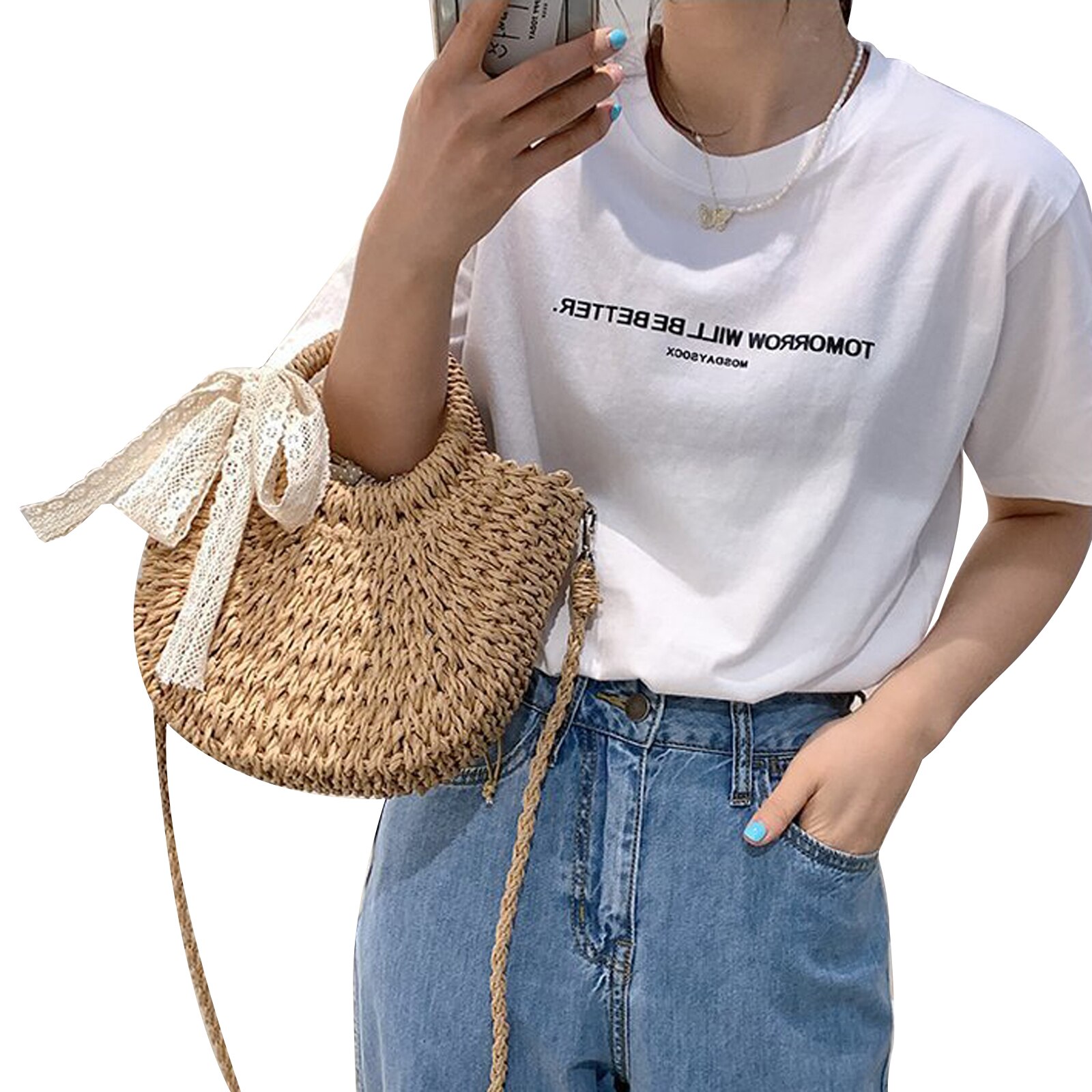 Bolsa de vime feita à mão, de palha, rattan, feminina, verão, vazada, bolsa de ombro cruzada, com laço, borlas: B