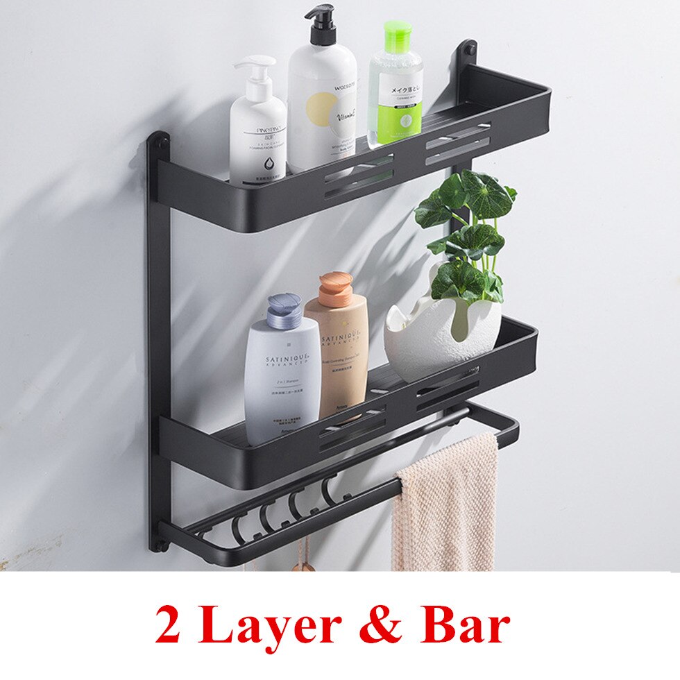 Sort badeværelseshylde brusekabine vægmonteret køkken badestativ med barkrog plads aluminiumshylder organizer opbevaring etagere: 2 lag med stang