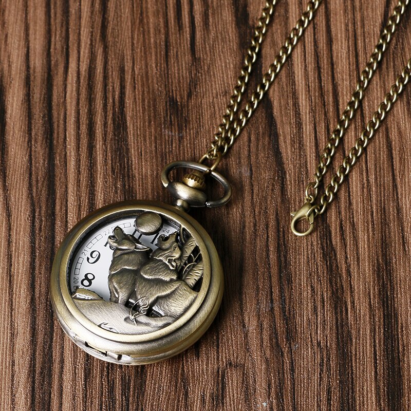 Cool Howling Wolf Hound Dog Bronze Copper Retro Women Men Quartz Pocket Watch Pendant Necklace Chain Relogio De Bolso