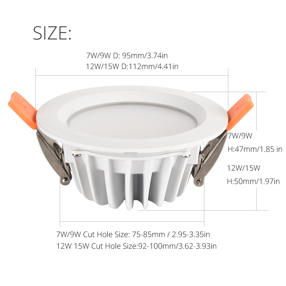 Dimmable Waterproof IP65 Die-Cast LED Downlight 7W 9W 12W 15W indoor Lamp Recessed Spot Light For Bathroom