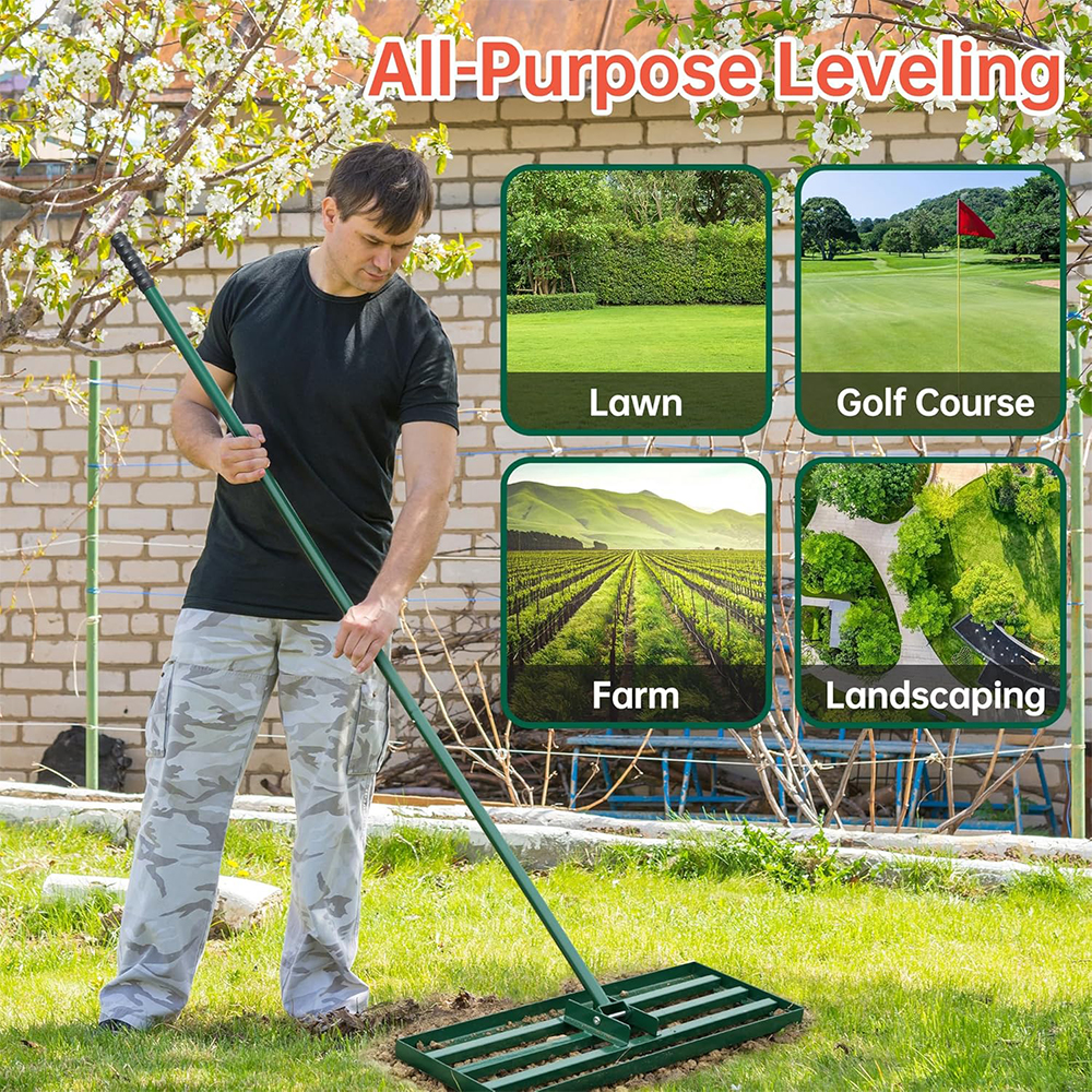 Rastrillo nivelador de césped de 75cm, herramienta de jardín con mango Extra largo para preparación de superficies de césped, acero inoxidable