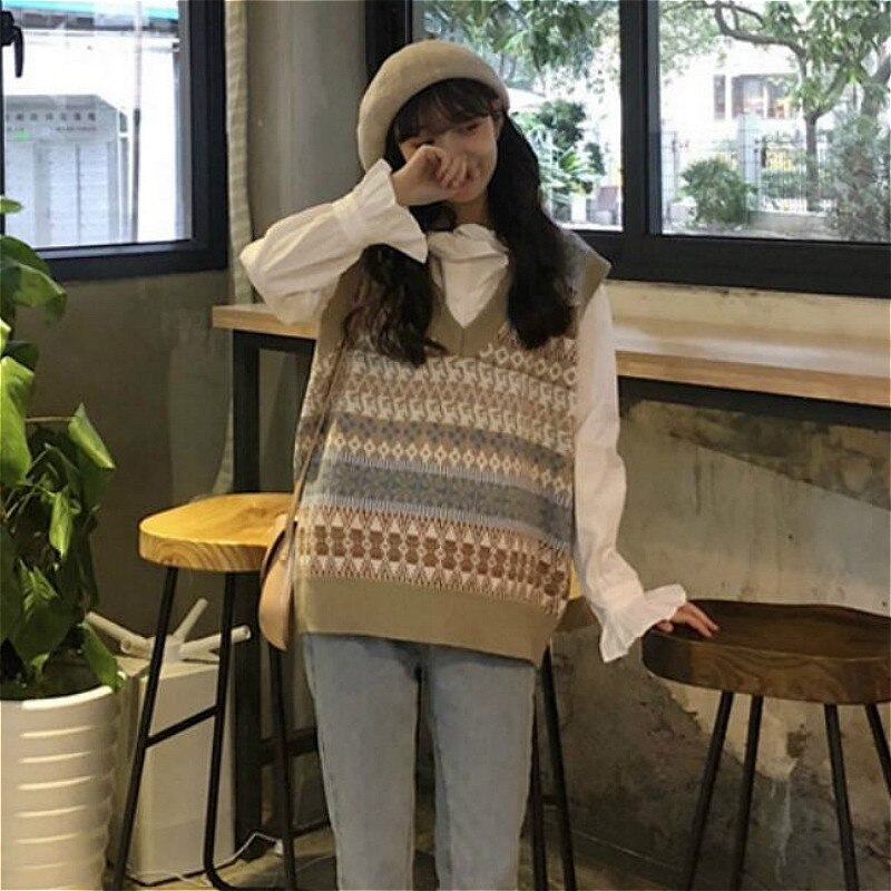 Tröja väst dam chic geometrisk retro v-ringad preppy höst tonåringar ärmlösa stickade plagg mjuk snygg harajuku trendig dam
