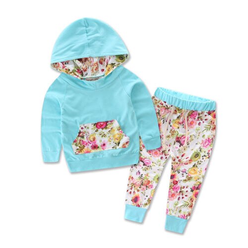 2 stk smålåve baby jente gutt blomster topper hettegensere + lange bukser antrekk sett klær: Himmelblå / 6m