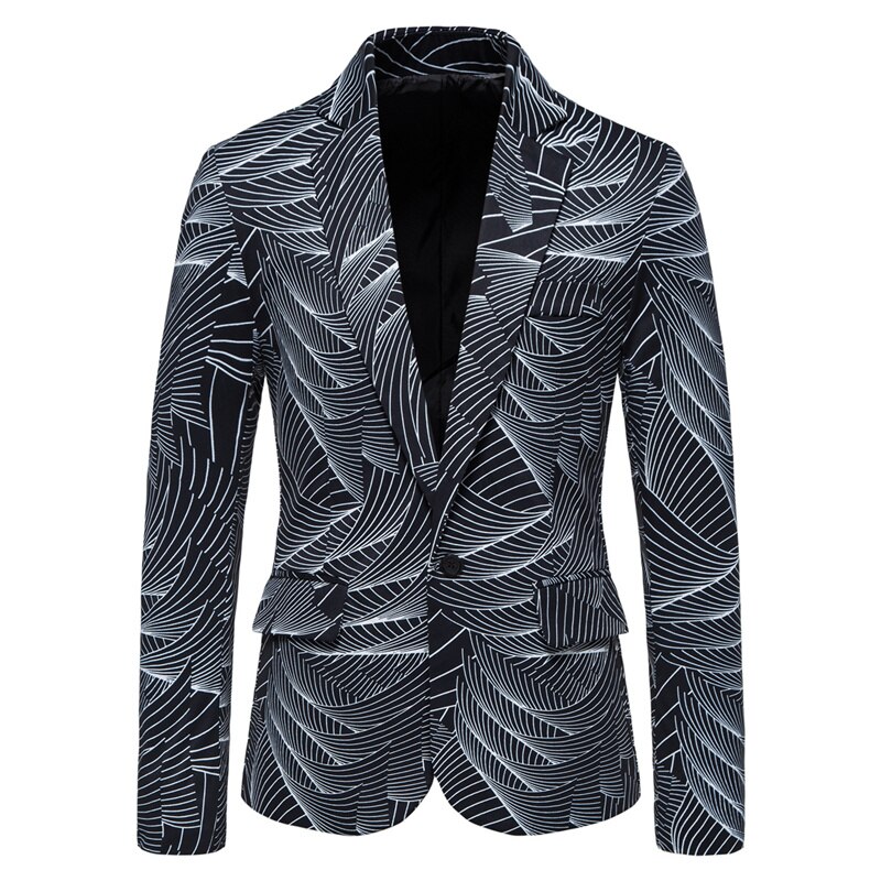 Veste Blazer à la pour hommes, manteau de costume décontracté, imprimé à rayures, à un bouton,: Black / XXL