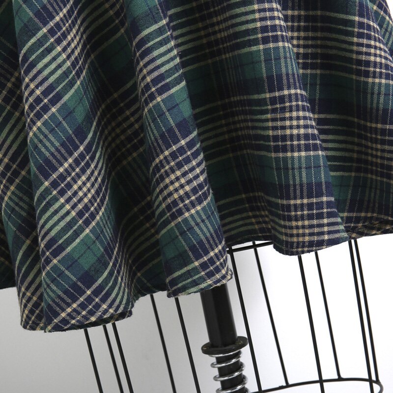 Notched Collar Buttons Belted Vintage Plaid Women Short Sleeve 50s Robe Turquoise Swing Midi Dress