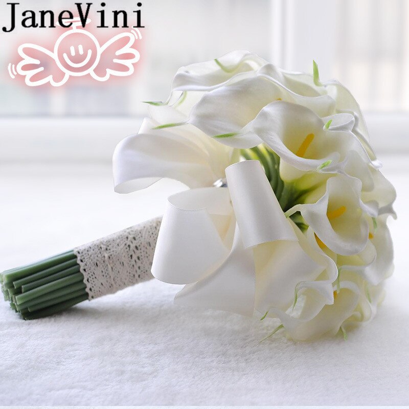 JaneVini Boho blanc Calla lys mariée Bouquet artificiel jaune soie demoiselle d'honneur Bouquets dentelle mariage mariée fleur Ramo Flores