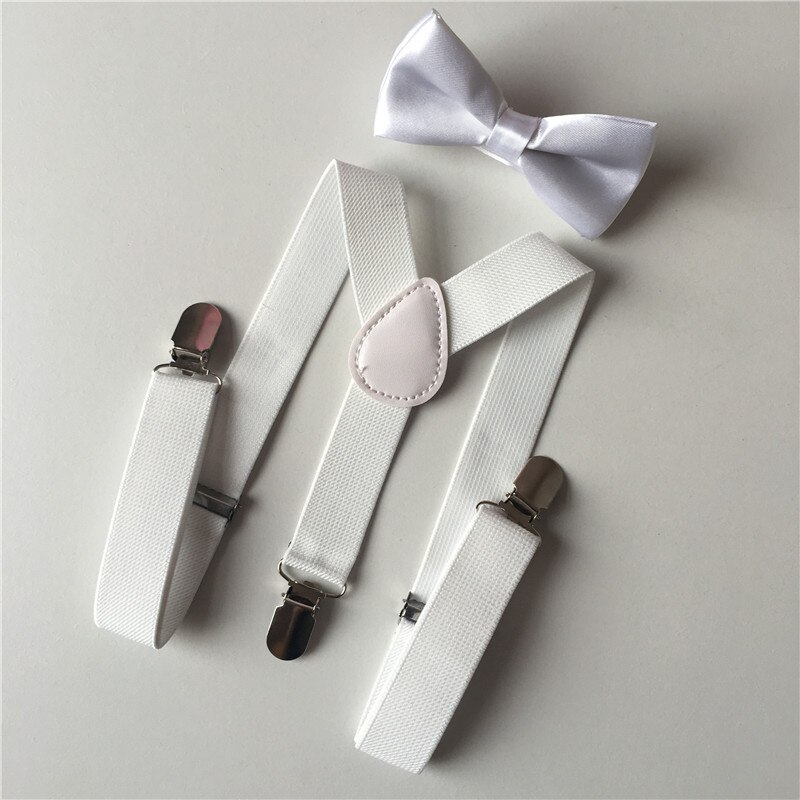 Soild farve børn bælte bowtie sæt baby drenge piger seler clip-on y-back seler butterfly elastisk børn justerbar: Hvid