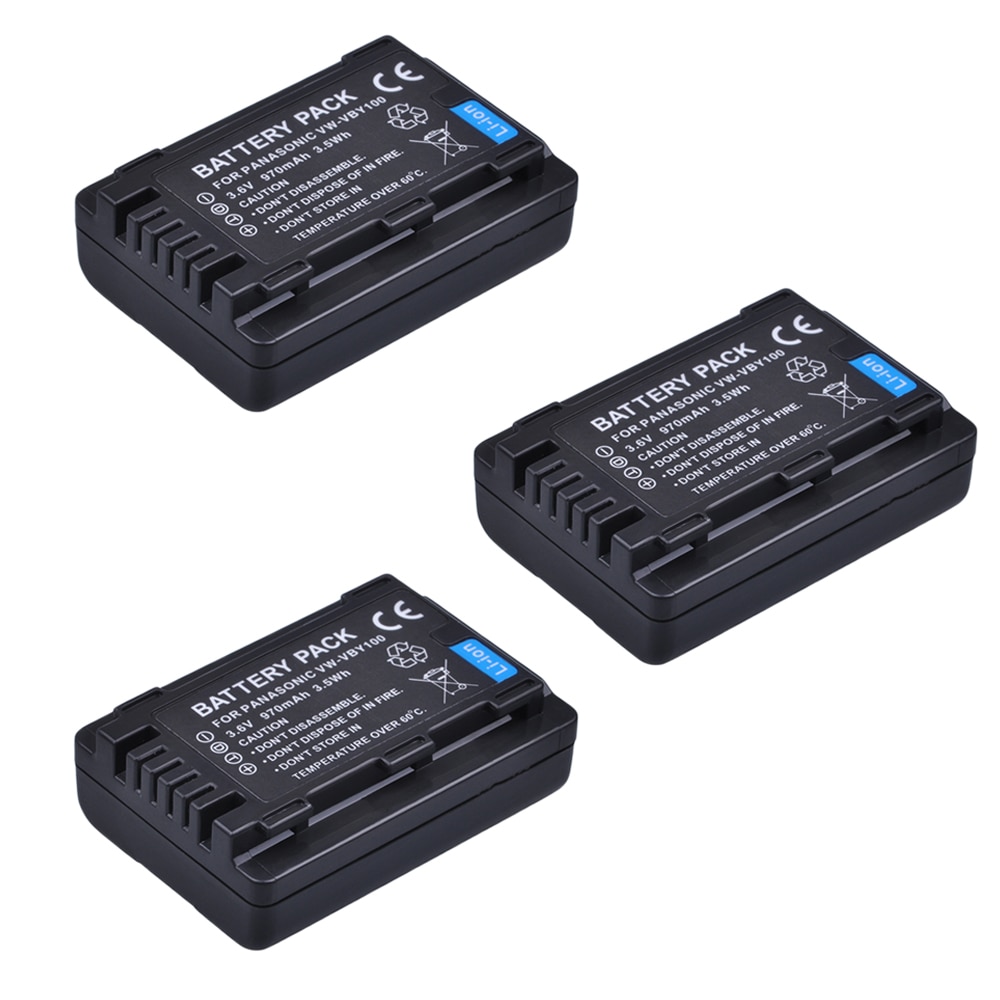 3Pcs 3.6V 970Mah VW-VBY100 VBY100 Batterij Voor Panasonic HC-V201, HC-V110, HC-V110GK, HC-V110K, HC-V110P, HC-V130, HC-V160 Camera